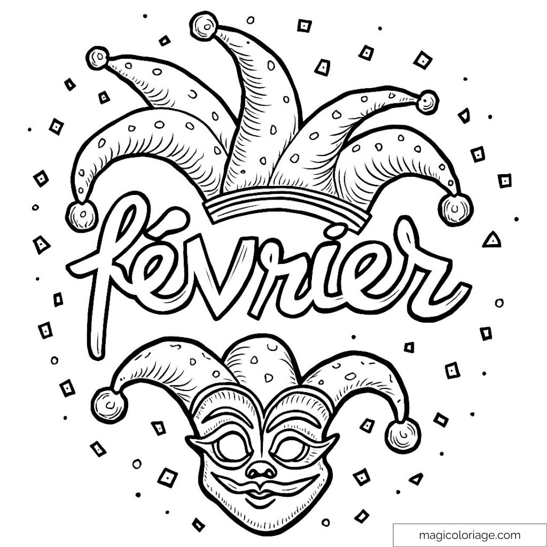 Image de dessin avec un masque de carnaval et le mot "février".