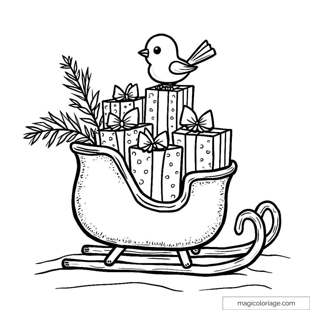 Traîneau de Noël avec cadeaux et oiseau