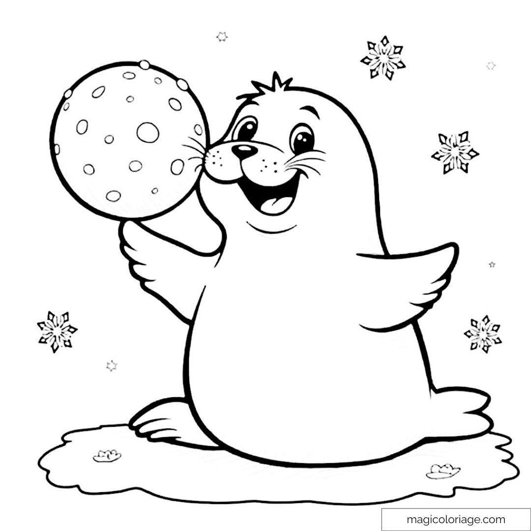 Phoque cartoon joyeux jouant avec une balle et entouré de flocons.