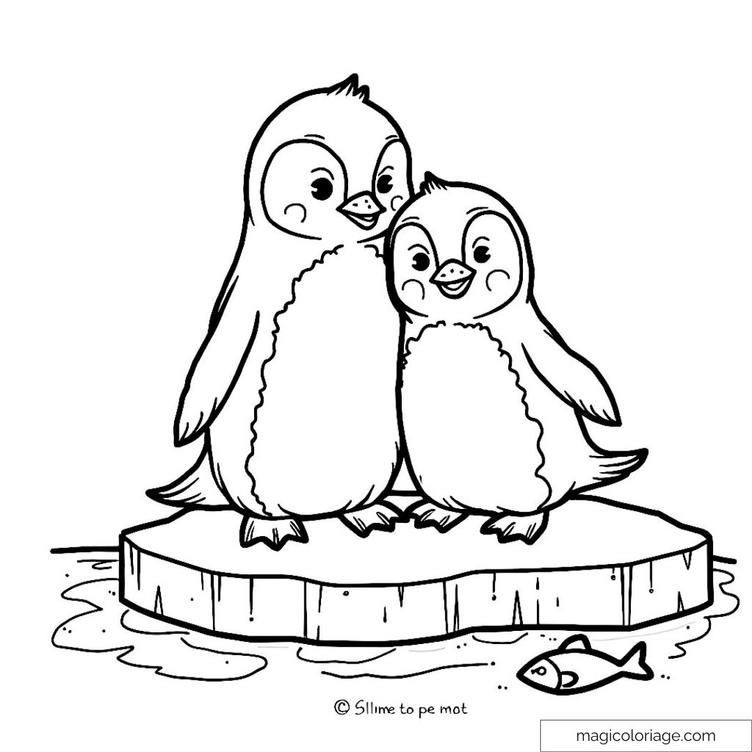 Dessin en noir et blanc de deux pingouins sur une banquise avec un poisson.