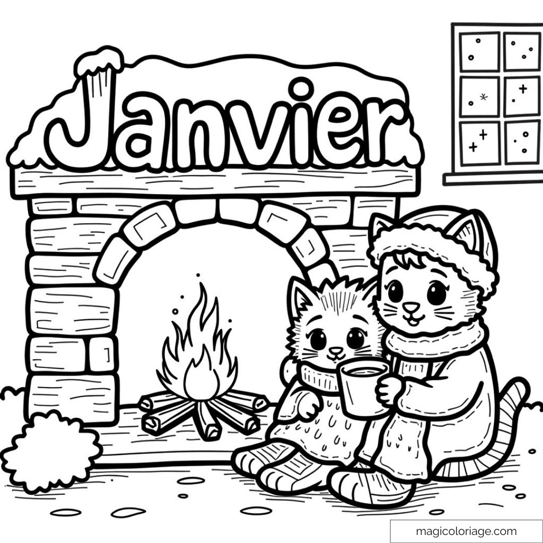 Chats en vêtements d'hiver assis près d'une cheminée.