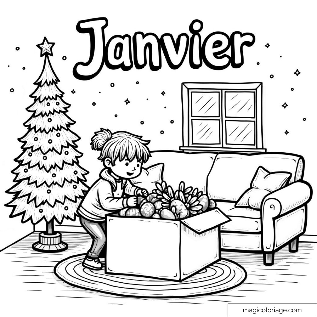 Dessin d'un enfant décorant un sapin dans un salon pour janvier.