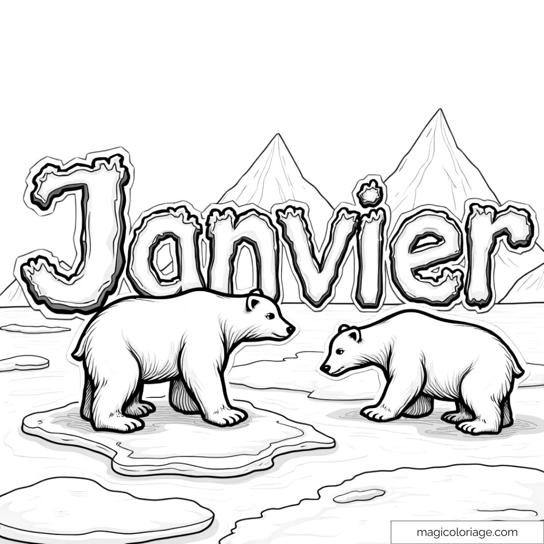 Ours polaires sur banquise avec texte "Janvier" en arrière-plan