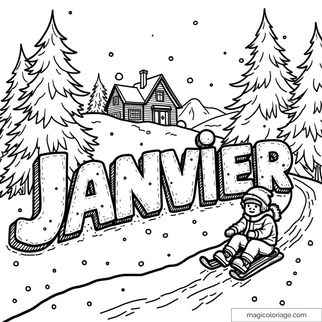 Dessin de janvier avec sapins