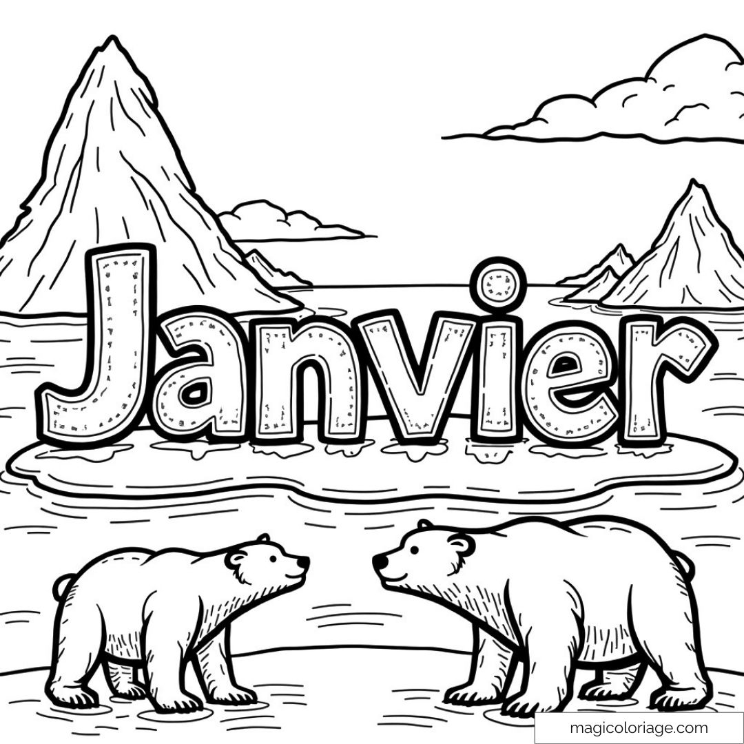 Image de coloriage d'ours polaires avec montagnes et texte "Janvier".