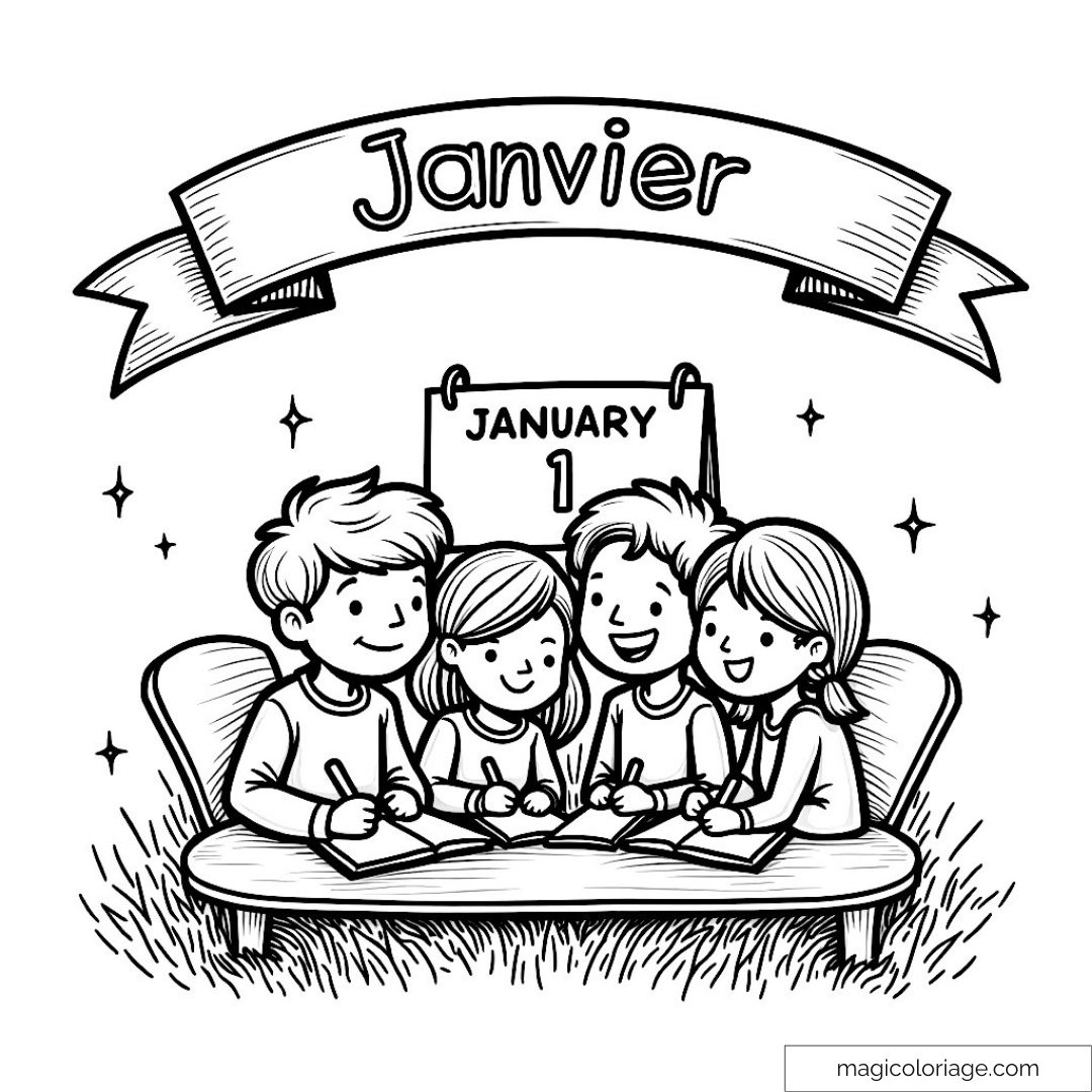 Dessin d'enfants coloriant autour d'une table avec un calendrier de janvier