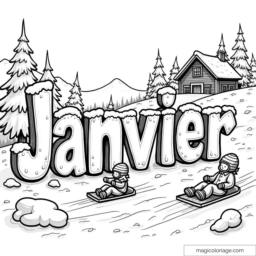 Dessin à colorier "Janvier" avec deux enfants en luge sous la neige.