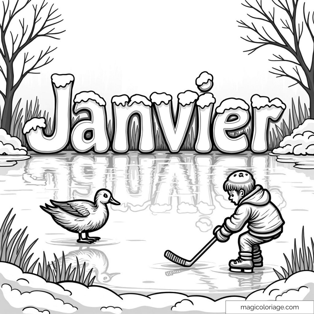 Coloriage d'hiver avec enfant et canard sur glace.