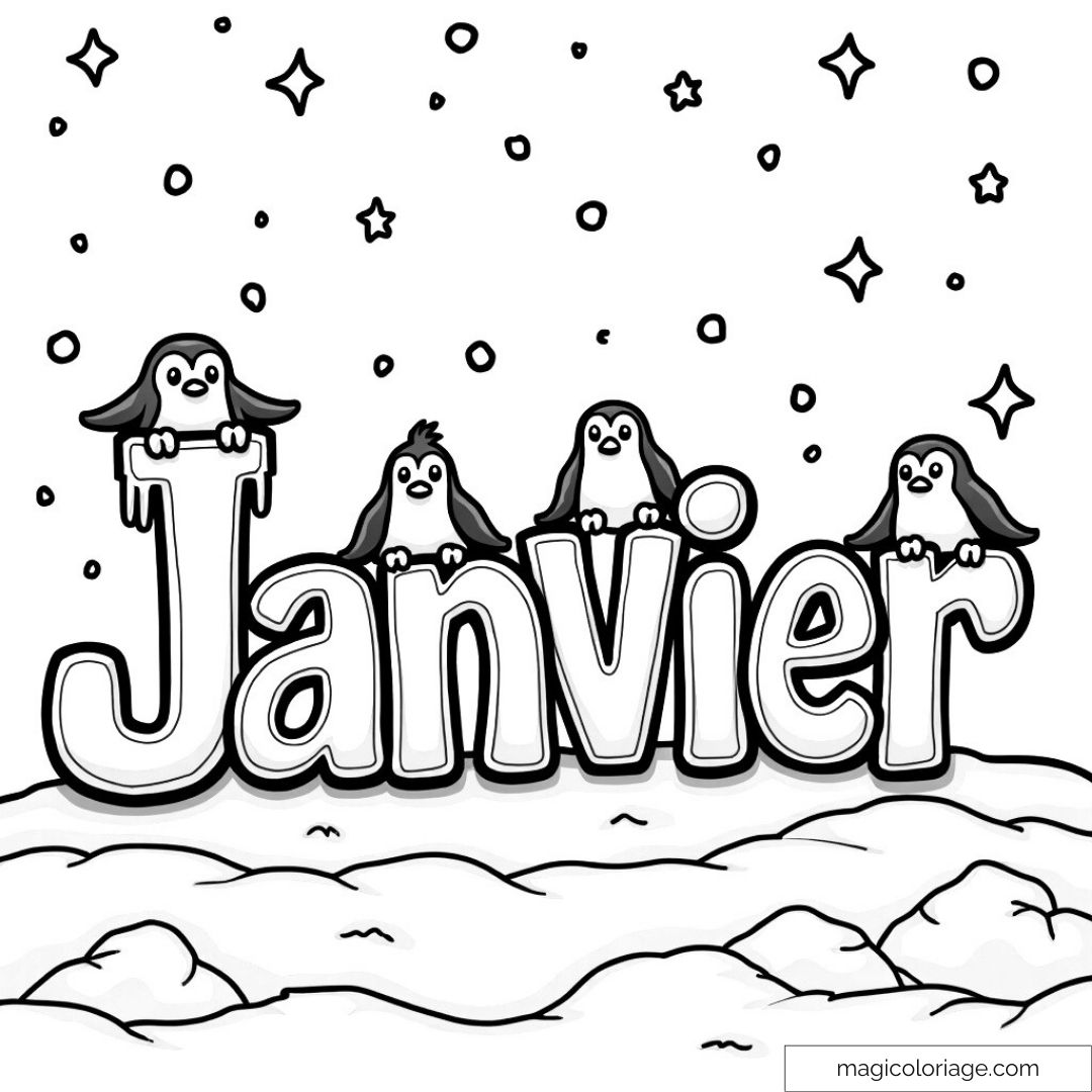Dessin à colorier : pingouins autour du mot Janvier avec étoiles.