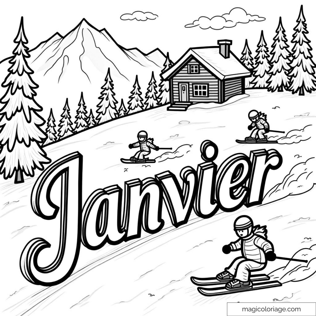 Coloriage de janvier avec skieurs