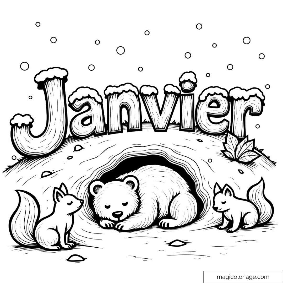 Ours dormant avec renards et texte "Janvier"