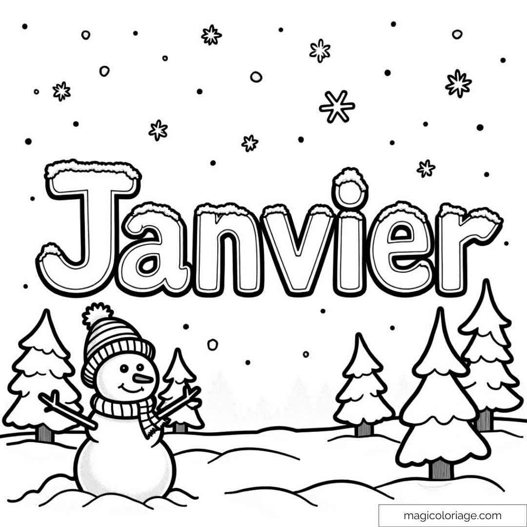 Coloriage bonhomme de neige et arbres de janvier