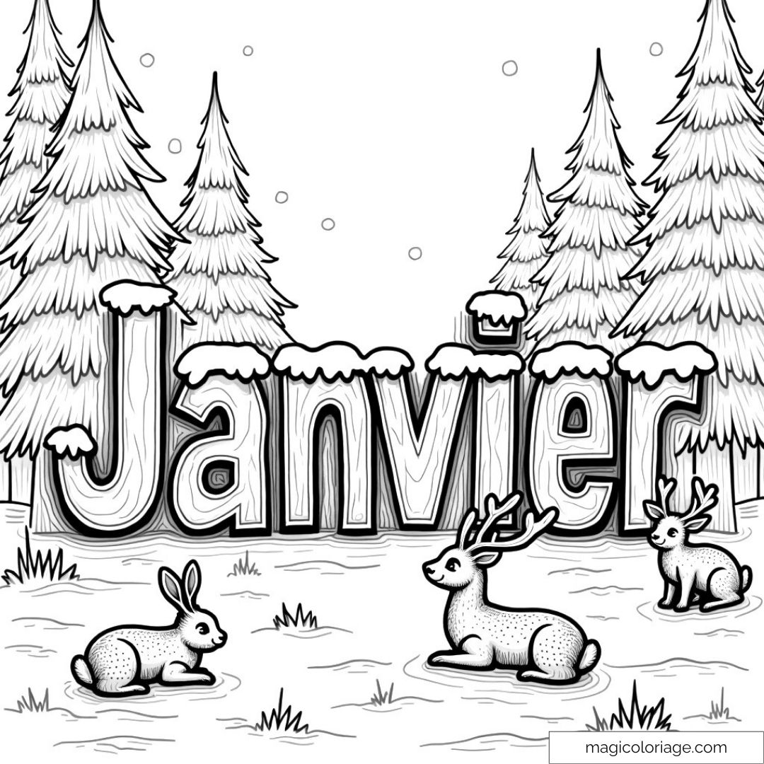 Dessin de janvier enneigé avec arbres