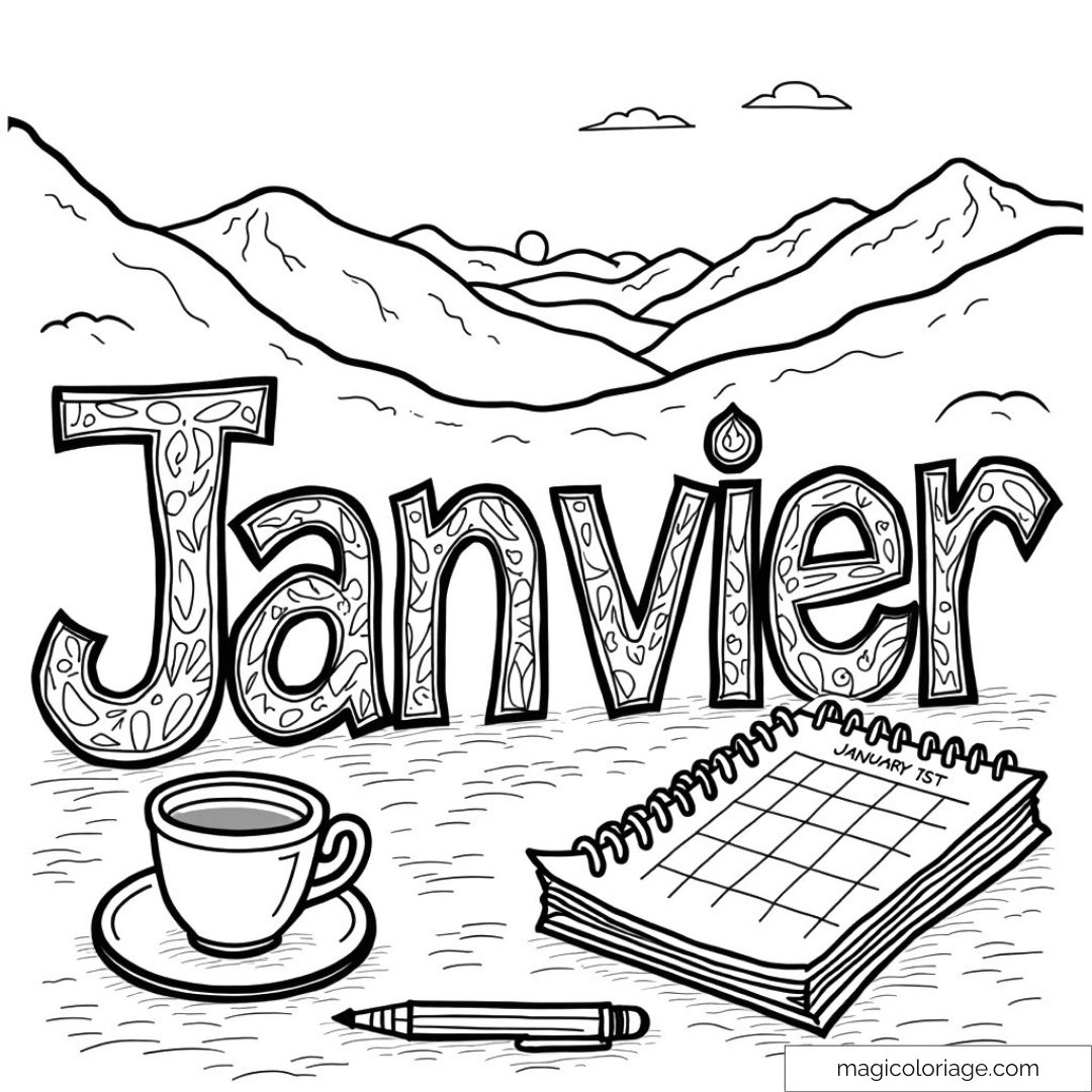 Coloriage janvier avec montagnes