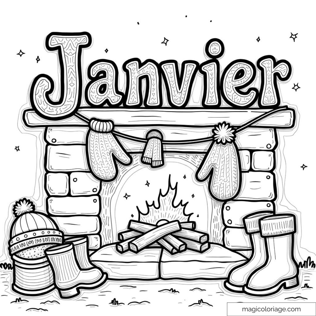 Dessin de cheminée en pierre avec "Janvier"