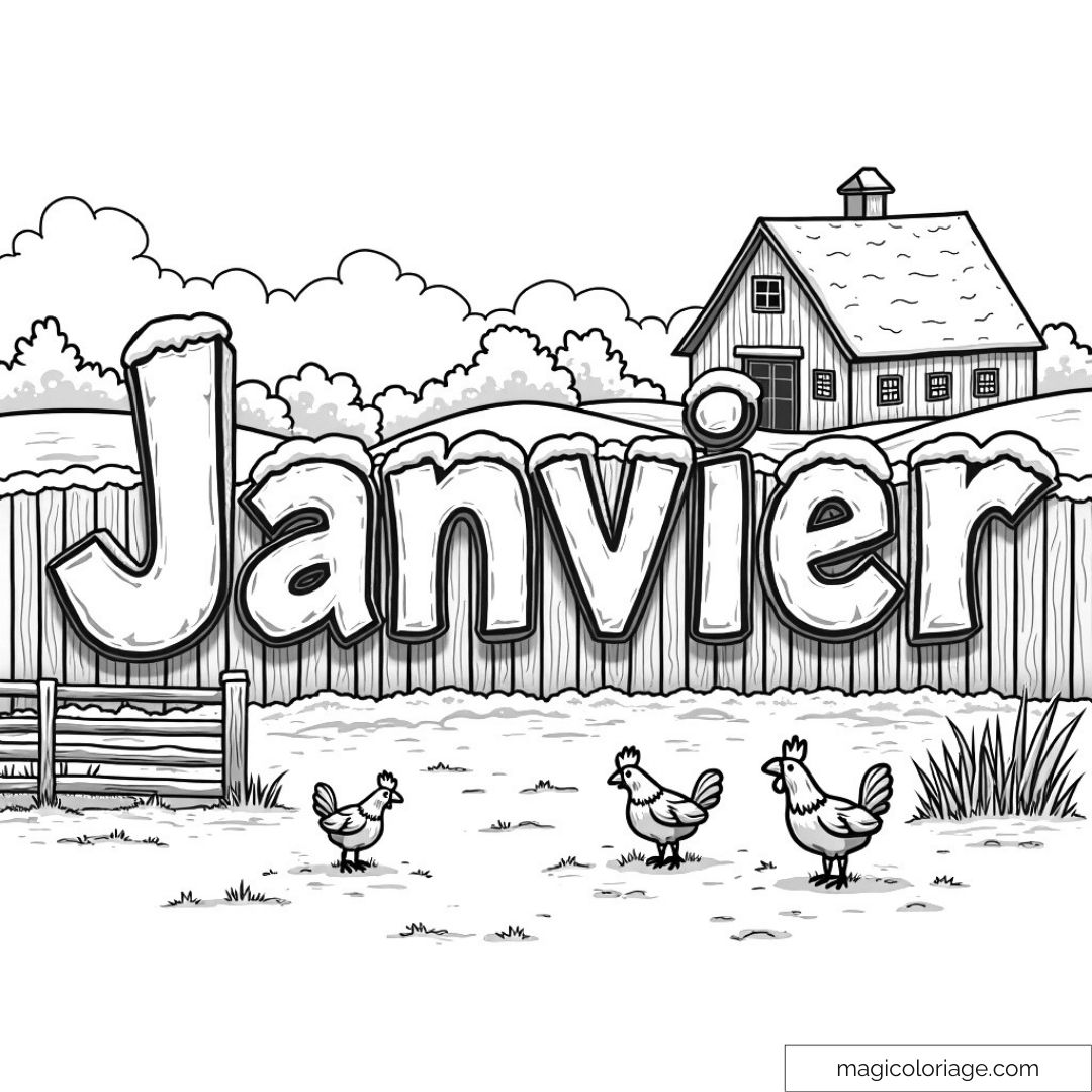 Coloriage de janvier avec texte et poules dans une ferme enneigée.