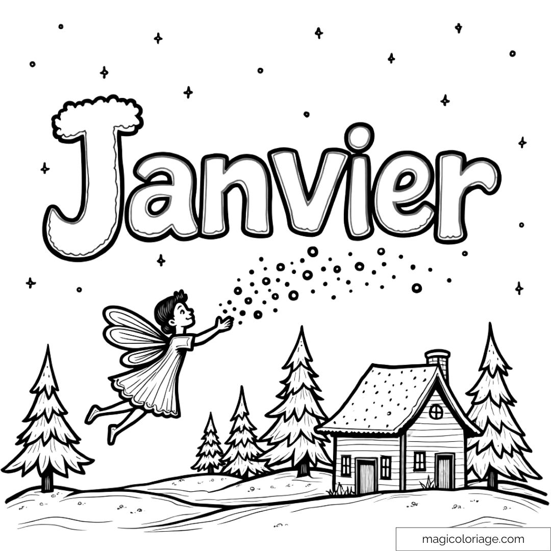 Coloriage de janvier avec fée