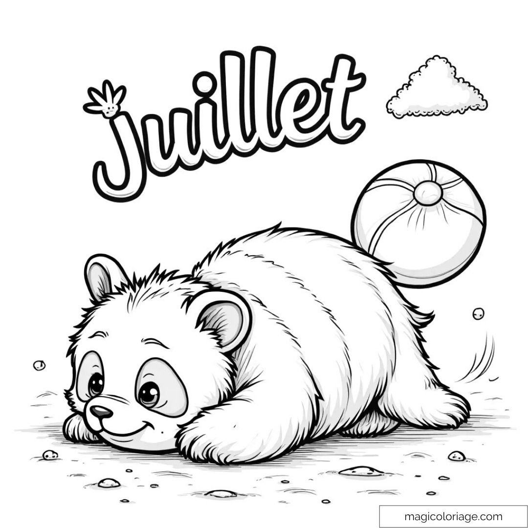 Dessin d'un ourson mignon avec un ballon et le mot "juillet".
