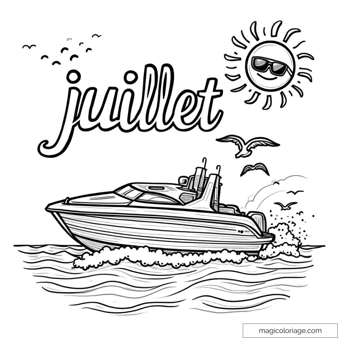 Dessin de bateau en mer avec soleil souriant