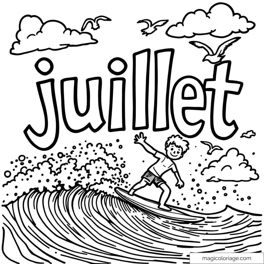 Coloriage à imprimer d'un garçon surfant sur une vague estivale en juillet.