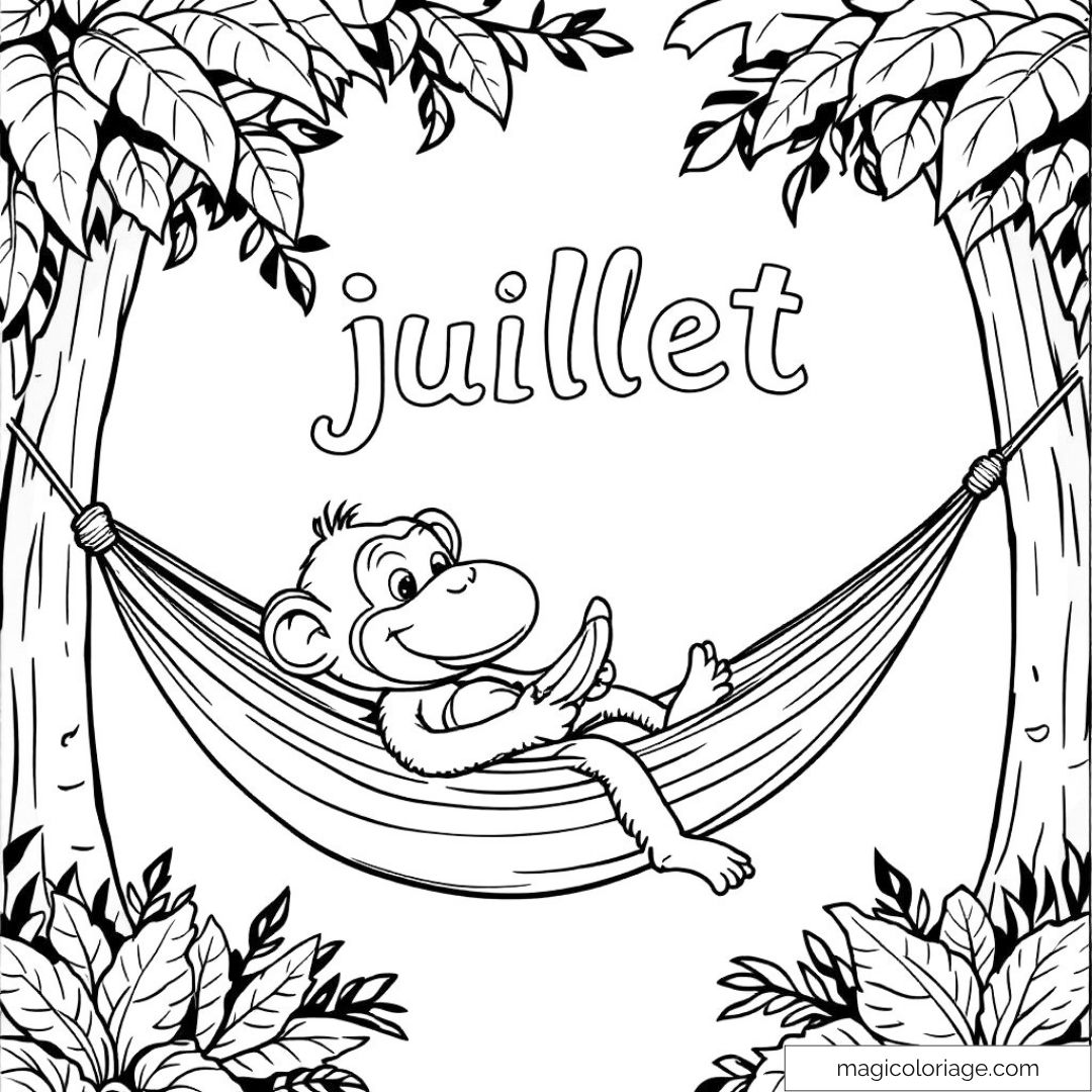 Singe souriant dans un hamac avec des arbres en juillet