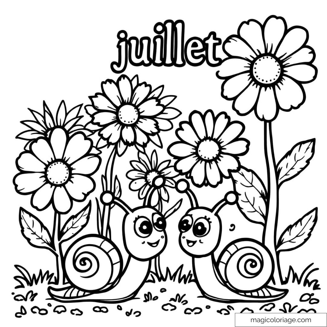 Dessin d'escargots souriants avec fleurs de juillet