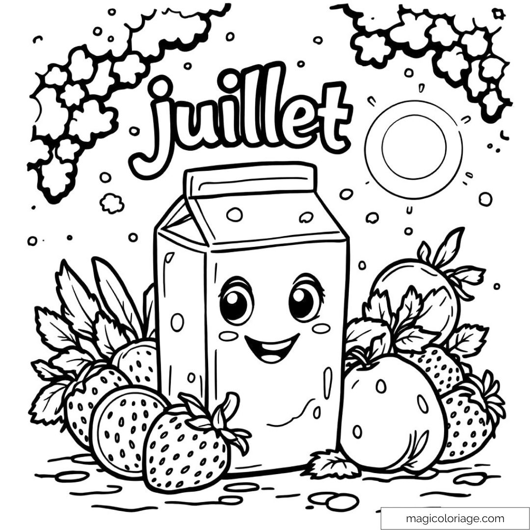 Dessin à colorier d'un carton de jus souriant entouré de fruits et feuillages estivaux