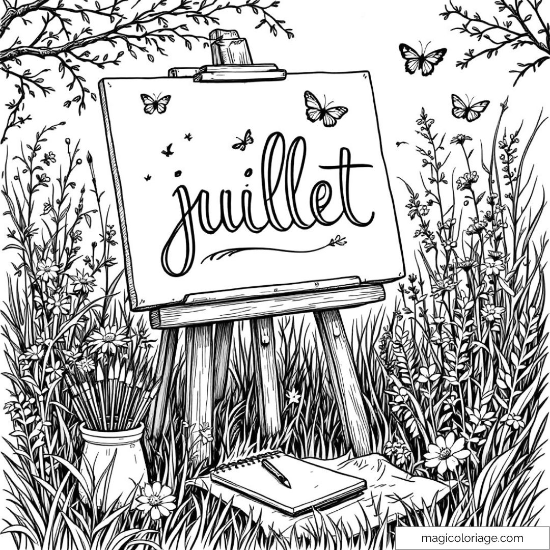 Dessin à colorier mot "juillet" sur chevalet entouré de nature