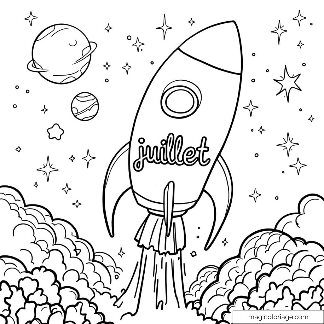 Fusée partant dans l'espace avec planètes et étoiles