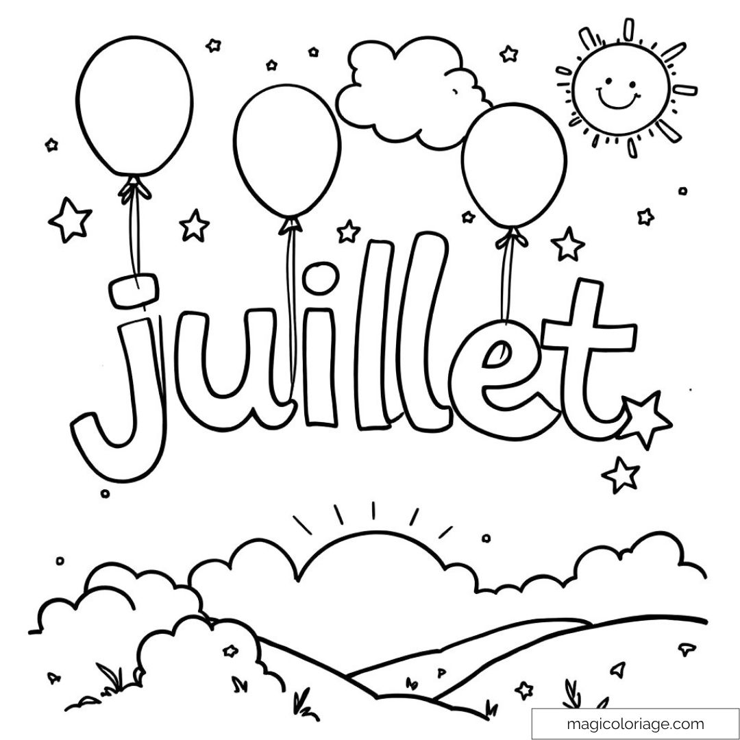 Dessin à colorier de juillet avec ballons