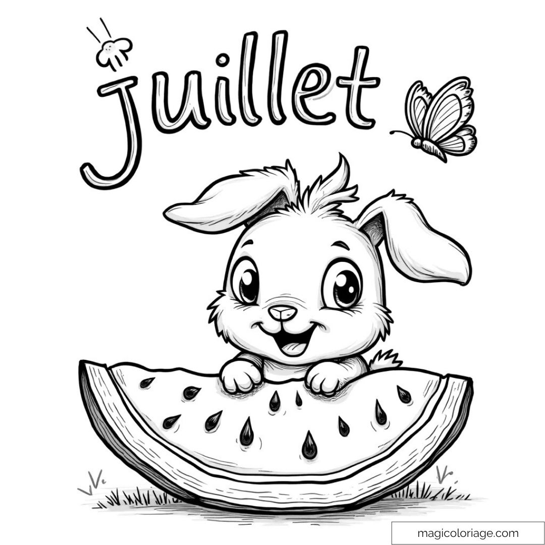 Lapin mignon avec pastèque et papillon de juillet à colorier