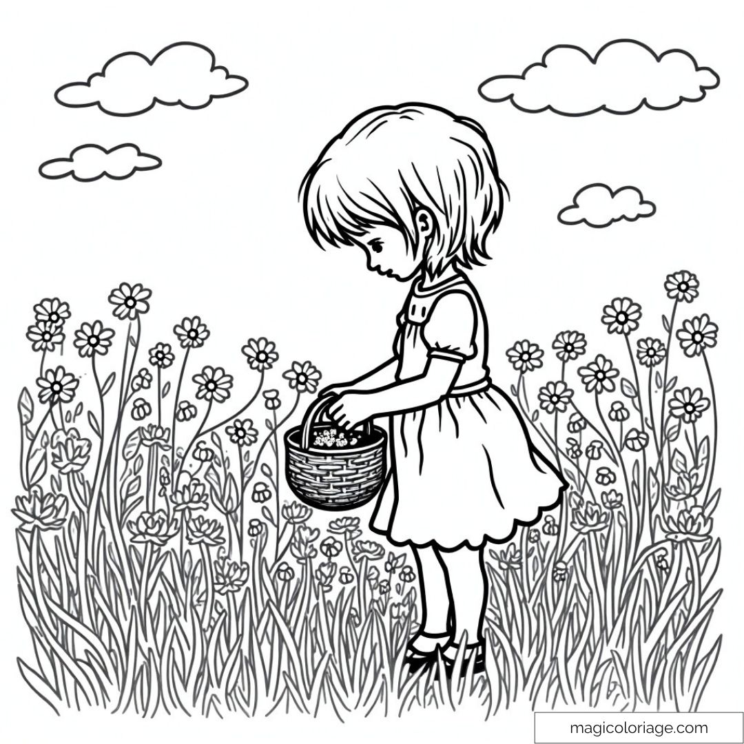 Fillette dans un champ de fleurs avec un panier