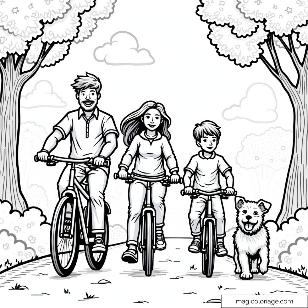 Coloriage de famille à vélo avec chien dans le parc naturel