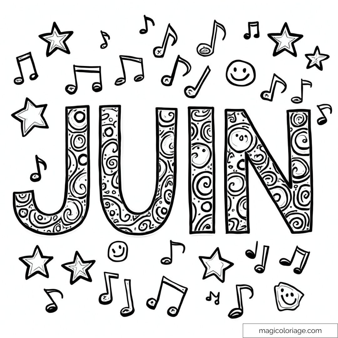 Illustration de Juin avec des motifs musicaux et des étoiles