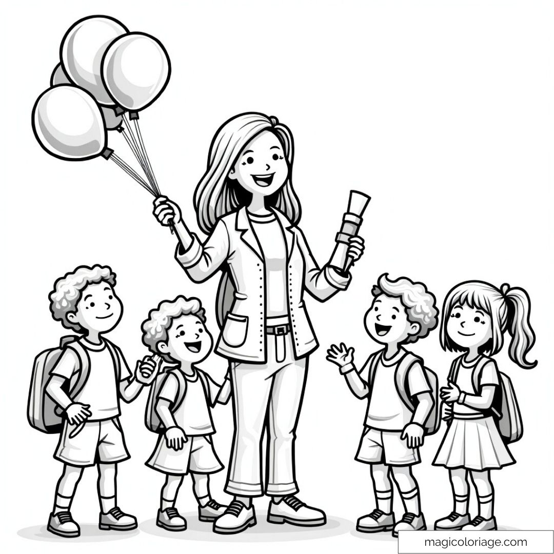 Enseignante souriante entourée d'élèves avec ballons et diplômes