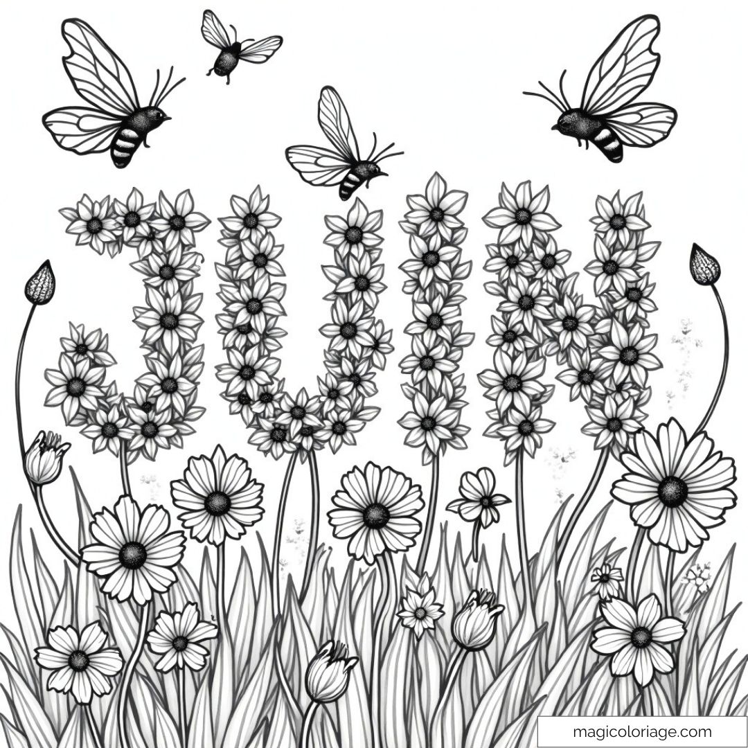 Dessin de juin en fleurs avec papillons et abeilles