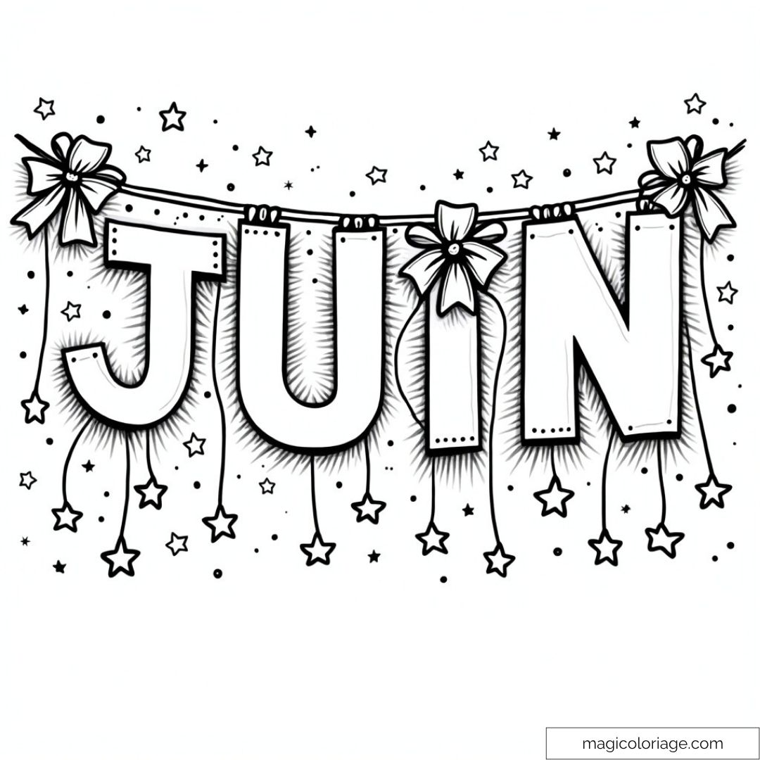 Coloriage du mois de juin avec étoiles et nœuds festifs