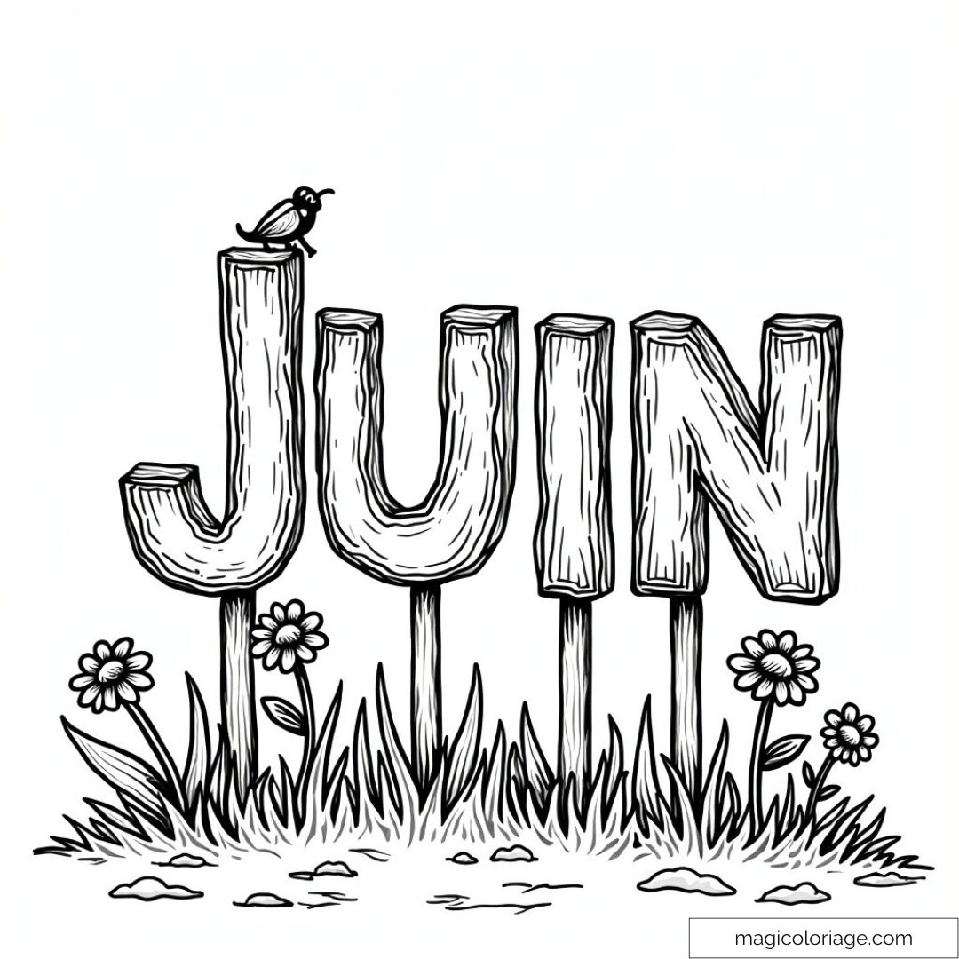 Coloriage du mot "Juin" décoré de fleurs champêtres et d'un insecte.