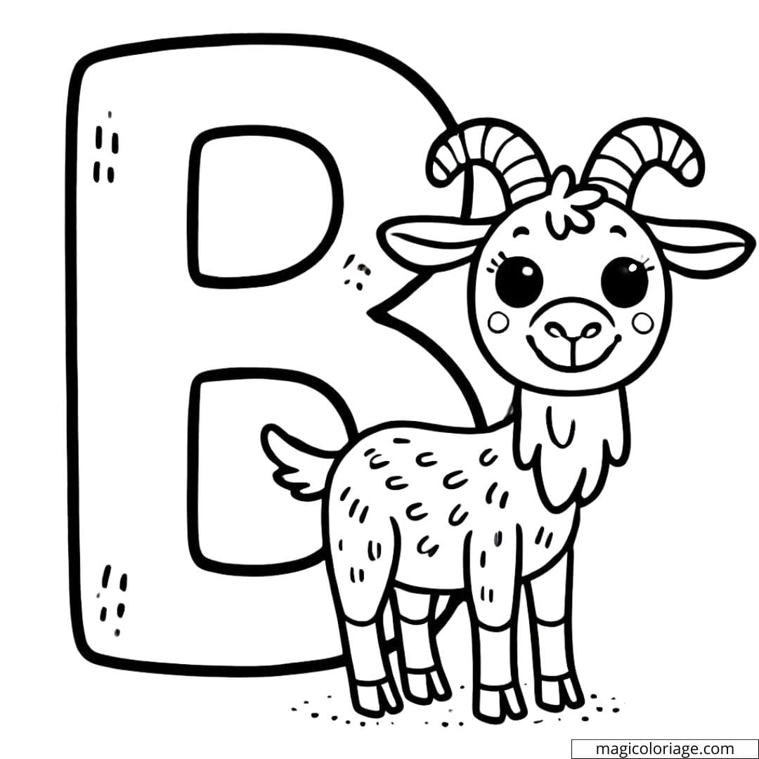 Coloriage lettre B avec un bouc amical, parfait pour les activités des enfants.
