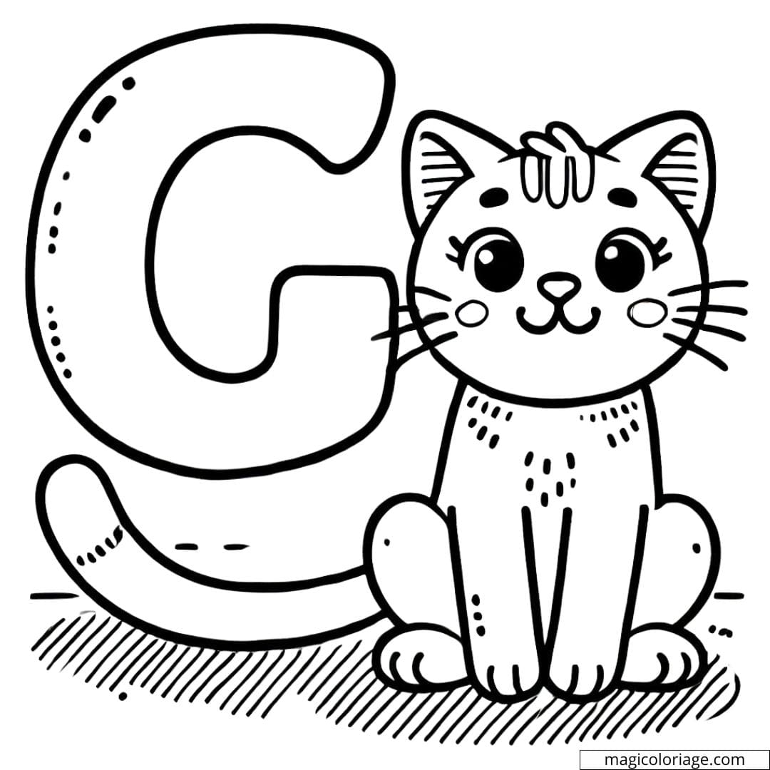 Coloriage lettre C avec un chat amical, idéal pour les activités de coloriage des enfants.