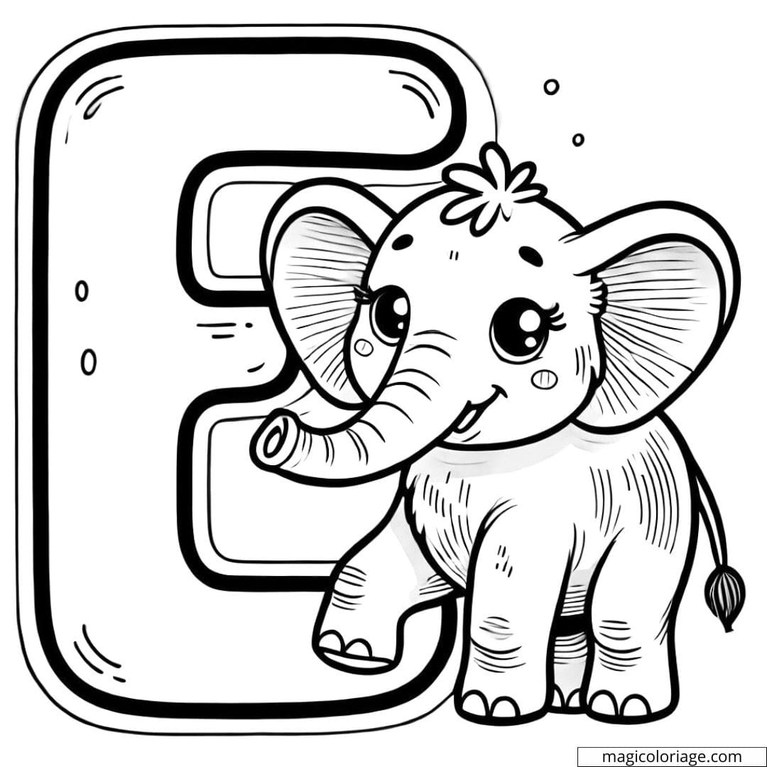 Coloriage lettre E avec un éléphant joyeux, parfait pour les activités de coloriage des enfants.