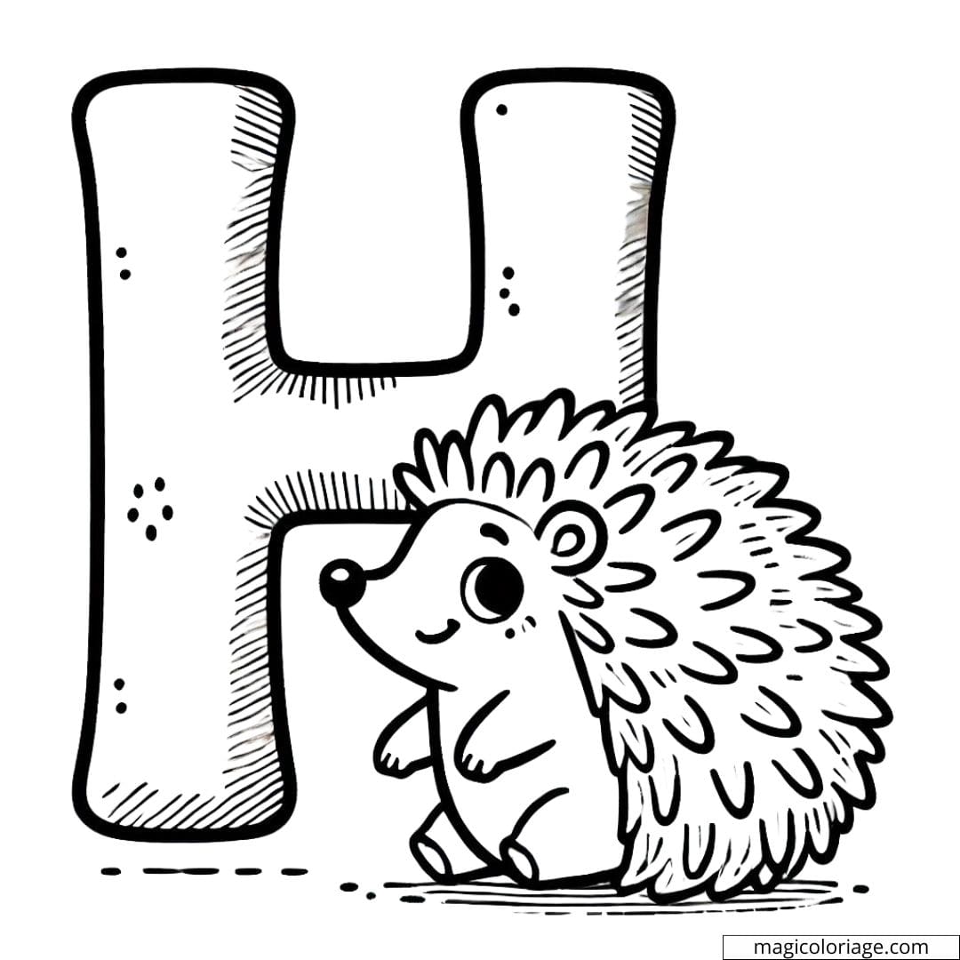 Coloriage lettre H avec un hérisson, parfait pour les activités des enfants.