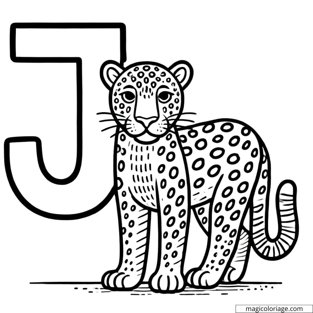 Coloriage lettre J avec un jaguar, parfait pour les activités des enfants.