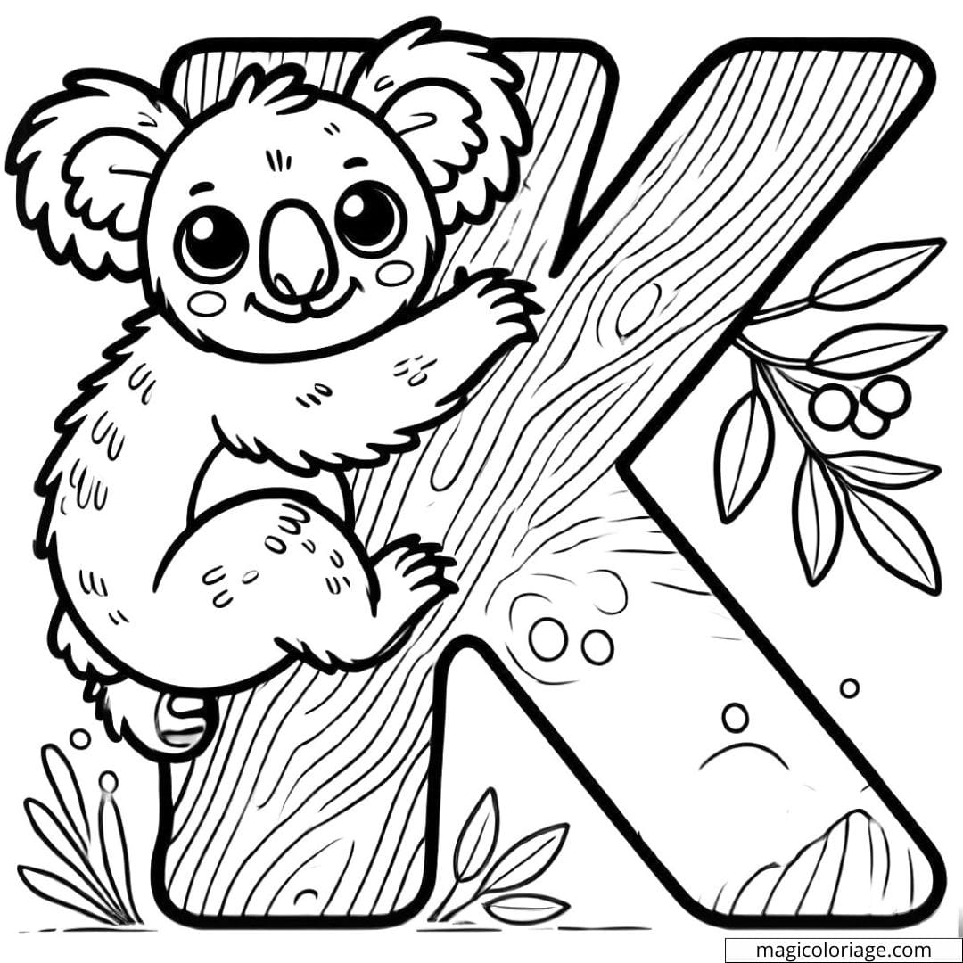 Coloriage lettre K avec un koala, idéal pour les activités de coloriage des enfants.