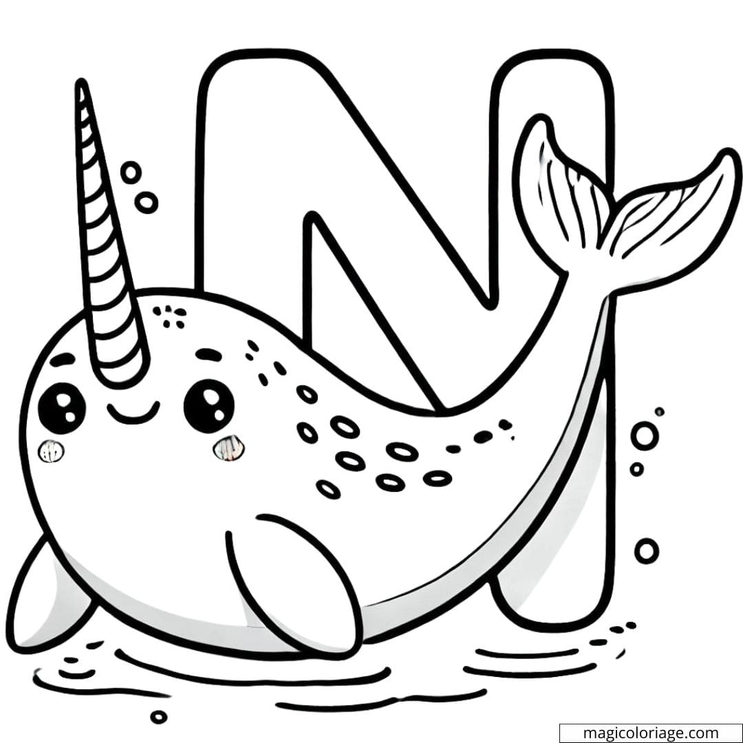 Coloriage lettre N avec un narval amical et sa longue défense, parfait pour les activités des enfants.