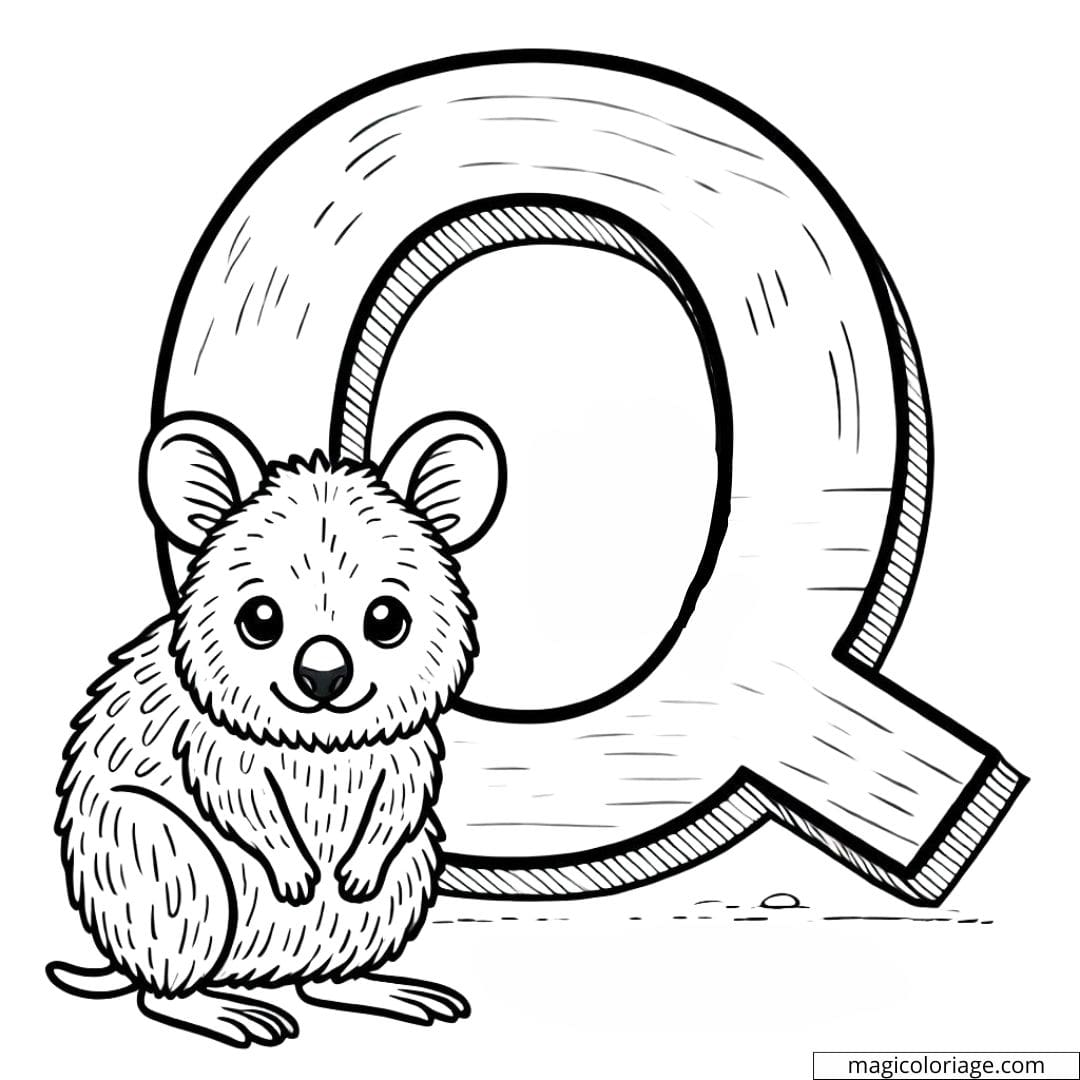 Coloriage lettre Q avec un quokka, idéal pour les activités de coloriage des enfants.