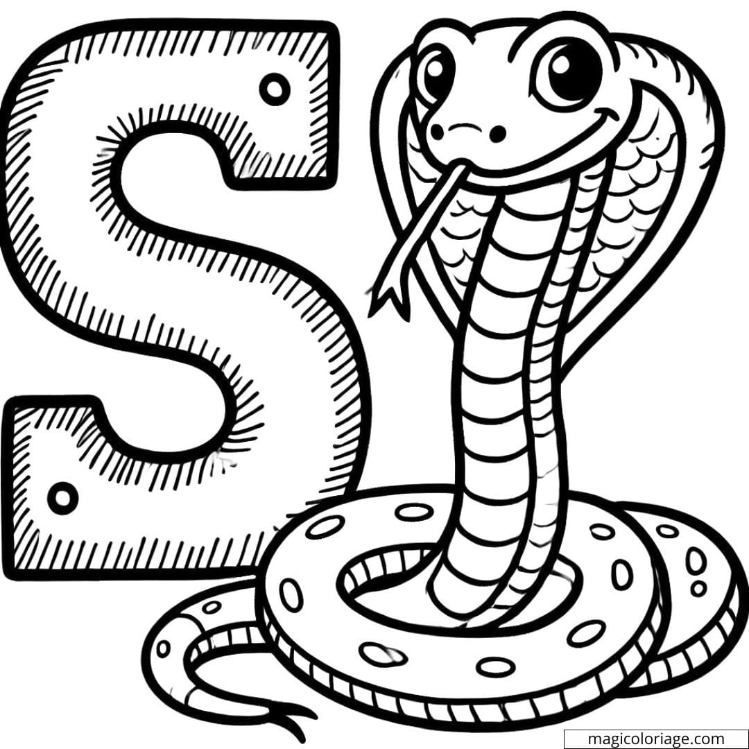 Coloriage lettre S avec un serpent ondulant, idéal pour les activités de coloriage des enfants.