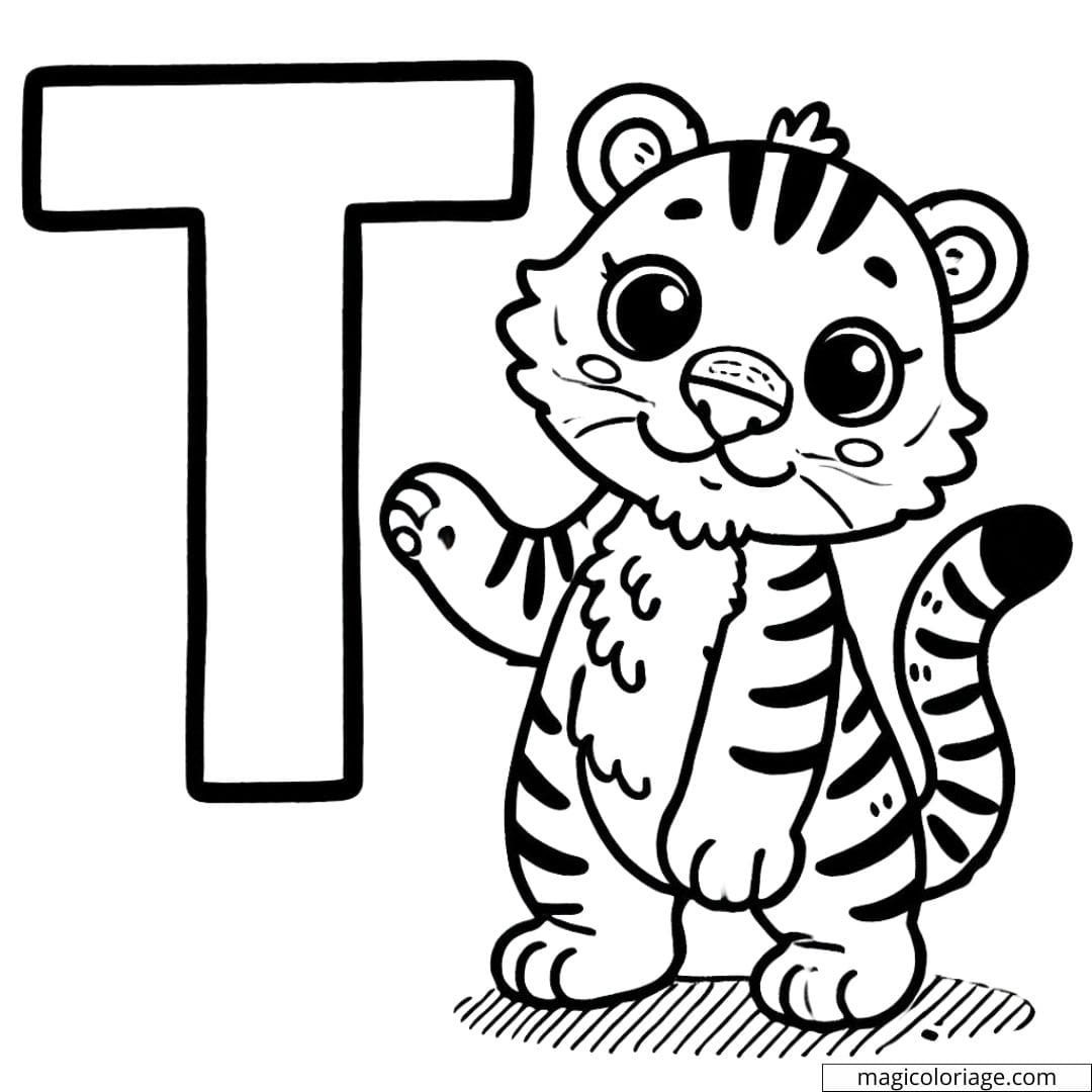 Coloriage lettre T avec un tigre rayé, parfait pour les activités des enfants.