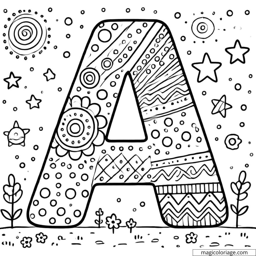 Coloriage lettre A simple décorée pour maternelle, avec des formes géométriques basiques.