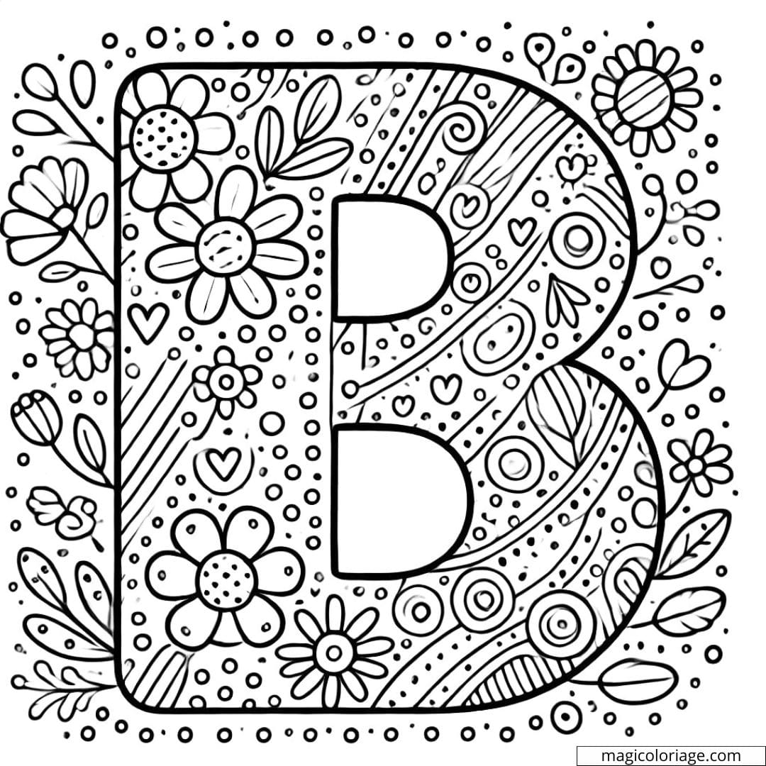 Coloriage lettre B simple décorée avec des motifs faciles à colorier pour enfants en maternelle.